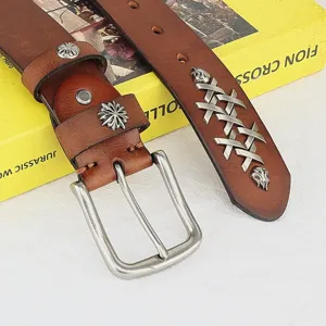 Handmade genuine leather belt for men and women, vintage casual jeans belt with metal buckle.