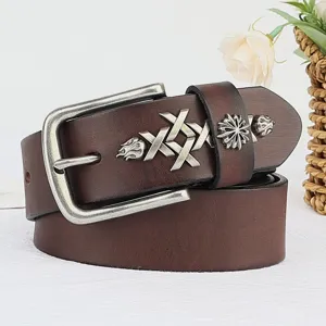 Handmade top-layer cowhide leather belt with vintage gothic metal hardware and classic pin buckle.
