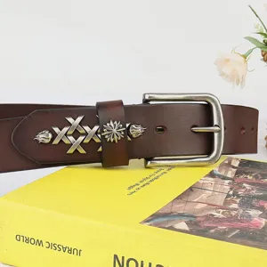 Handmade genuine leather belt with retro metal cross buckle, casual vintage jeans belt for men.