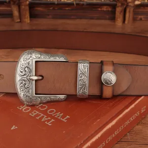 Vintage men genuine leather belt with intricate engraved silver metal buckle and decorative stud.