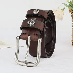 Vintage genuine leather belt for men women casual metal pin buckle retro jeans trouser belt