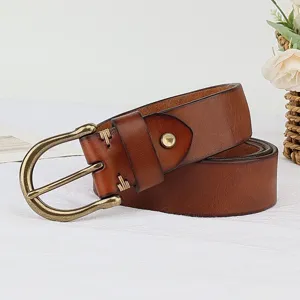 Retro genuine leather men's belt detail view, brown cowhide with vintage horseshoe buckle.