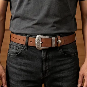 Men's vintage brown leather belt with ornate silver metal buckle for stylish jeans.