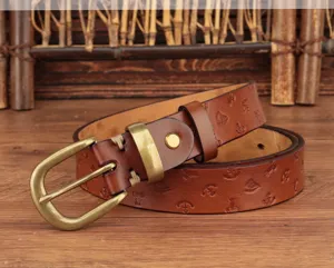 Cinturón de cuero vintage para mujer, piel de vaca genuina con patrones grabados y hebilla.