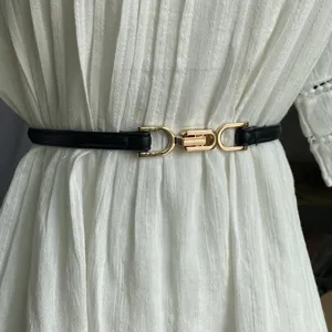 Schlanker schwarzer Damen Taillengürtel mit goldener Metallschnalle, stylisches Sommerkleid Accessoire.