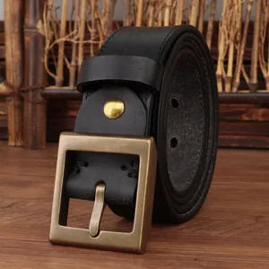 Cintura in vera pelle vintage da uomo con fibbia quadrata in ottone pesante accessorio casual