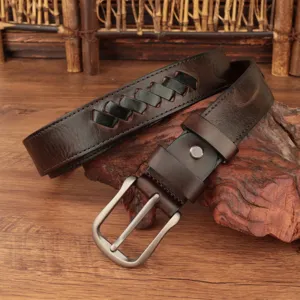 Vintage genuine leather woven belt for men, distressed cowhide strap with silver buckle.