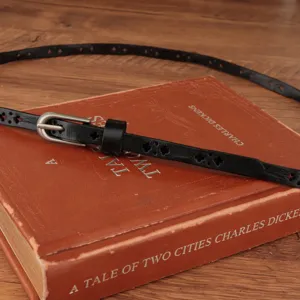 Black genuine leather thin belt for women retro style waist strap for dresses and jeans