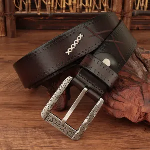 Men's retro genuine leather belt with vintage buckle and stylish cross stitching casual waist.