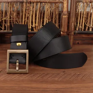 Cintura uomo in vera pelle nera con fibbia quadrata in ottone massiccio vintage