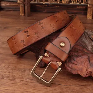 Men's retro genuine leather belt with embossed palm tree pattern and vintage brass buckle.