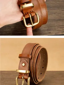 Classic leather belt with vintage brass pin buckle and double stitch detail for everyday wear.