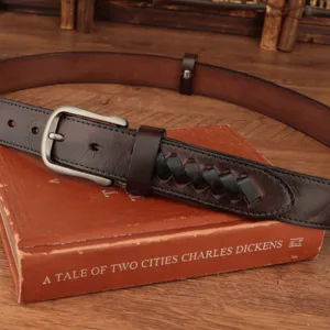Vintage Italian top-layer cowhide braided men's leather belt with retro metal pin buckle.