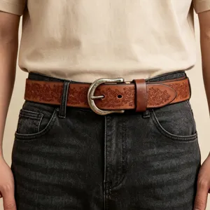 Retro genuine leather belt for men vintage carved cowhide strap versatile jeans waist belt