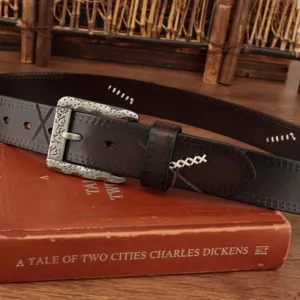 Men vintage genuine leather belt with retro metal buckle casual waist belt detail shot.