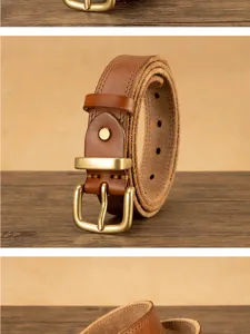 Detail shot of genuine leather belt with classic brass pin buckle, rolled up presentation.