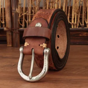 Vintage carved thick genuine leather cowhide belt for men stylish casual jeans waist belt