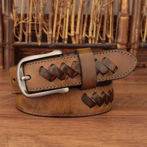 Mens vintage genuine leather belt with stylish braided design and durable metal buckle.