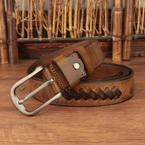 Vintage braided genuine leather belt detail, premium cowhide strap for men daily wear.
