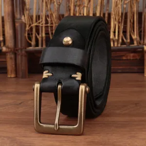 Men's vintage genuine leather belt with heavy bronze buckle and stitching detail for everyday.