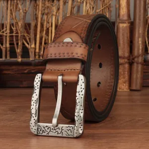 Detailed shot of retro men's genuine leather belt featuring textured buckle and premium cowhide.