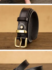 Detailed close-up of a black genuine leather belt featuring a durable brass pin buckle and neat stitching.