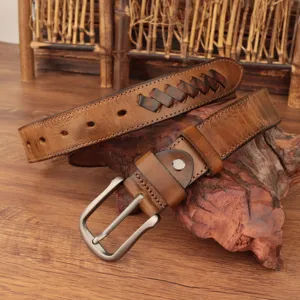 Vintage brown genuine leather men's belt with braided detail and metal pin buckle accessory.