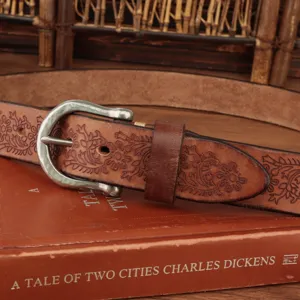 Vintage genuine leather tooled belt for men, retro floral embossed jeans waist belt.