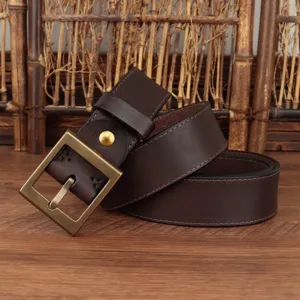 Cintura in vera pelle vintage da uomo con fibbia quadrata in ottone stile retrò