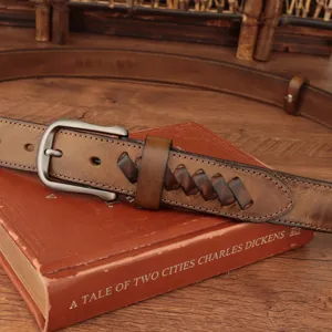 Vintage men's genuine leather belt with braided design and metal buckle for casual wear.