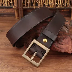 Cintura in vera pelle marrone vintage con fibbia in ottone, design artigianale uomo casual dettaglio