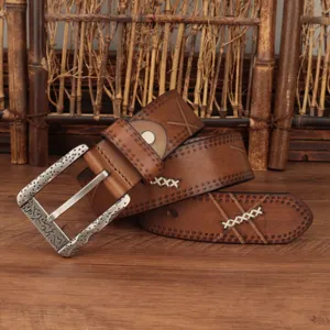 Vintage brown leather belt for men with retro metal buckle and stylish casual design.