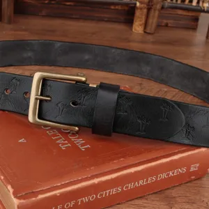 Retro black leather belt with embossed palm trees and brass buckle for men daily wear.