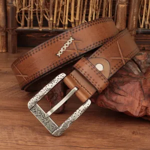 Genuine leather men's belt retro style casual waist belt with vintage metal buckle