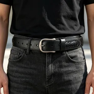 Black genuine leather belt for men with classic woven design and metal buckle fashion accessory