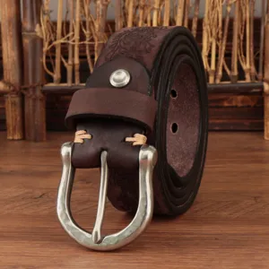 Men's retro carved genuine leather belt with metal buckle, vintage casual jeans waist belt.