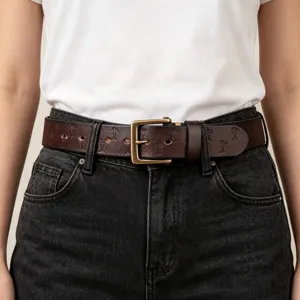 Men's retro genuine leather belt with embossed pattern and vintage brass buckle detail.