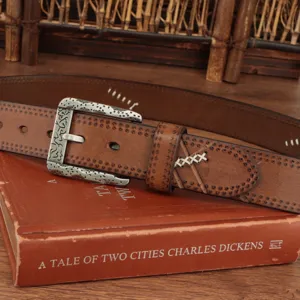 Vintage genuine leather men belt with antique metal pin buckle and detailed stitching.