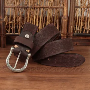 Men's thick genuine leather embossed retro belt with stylish metal buckle for casual jeans.