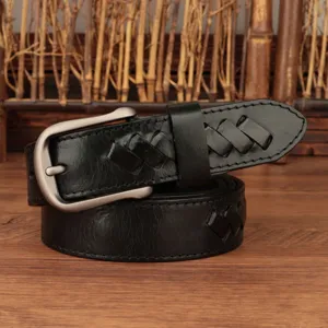 Men's vintage genuine leather braided belt with metal buckle, stylish woven design.