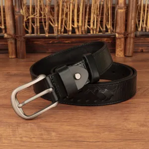 Men black leather belt genuine cowhide braided vintage pants belt with silver metal buckle