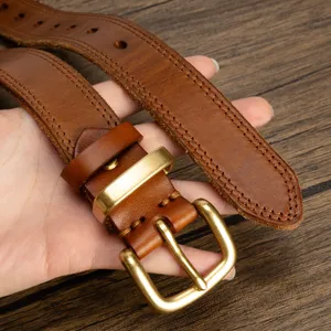 Classic brown leather belt with metal pin buckle, casual vintage strap for jeans daily wear.