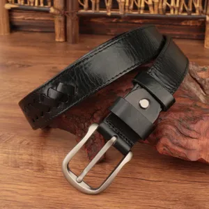 Men's Genuine Leather Woven Belt Vintage Distressed Casual Pants Waist Belt Black