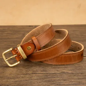 Genuine leather belt with classic pin buckle, casual brown design for jeans and trousers.