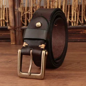 Vintage men's genuine leather belt with antique brass buckle and embossed details for casual wear.