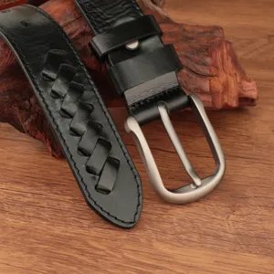 Men's genuine leather vintage braided belt, casual black cowhide trousers belt detail view.