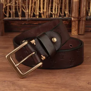 Retro embossed genuine leather belt for men with copper buckle, 3.8cm wide casual cowhide strap.
