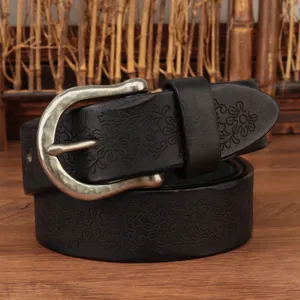 Men's retro floral embossed black genuine leather belt with vintage metal buckle for jeans.