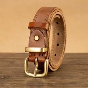 Vintage brown leather belt with metal pin buckle, classic casual design for daily wear.
