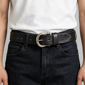 Retro floral embossed genuine leather belt for men, classic casual jeans belt with buckle.